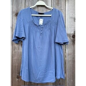 Lane Bryant Blue Flutter‎ Sleeve Top Ruffle Neckline Blouse Size 10/12